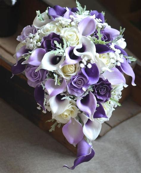 wedding flowers lilac purple calla lilies plum roses real touch flowers bridal bouquet silk
