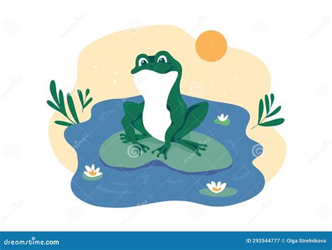 Vector Illustration Of Cute Frog Sitting On Water Lily Leaf In Center