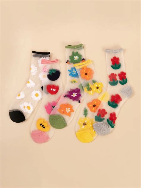 5pairs Floral Pattern Mesh Socks Mesh Socks Sock Patterns Patterned Socks