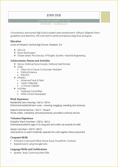 Free Resume Templates For Highschool Students With No Work Experience