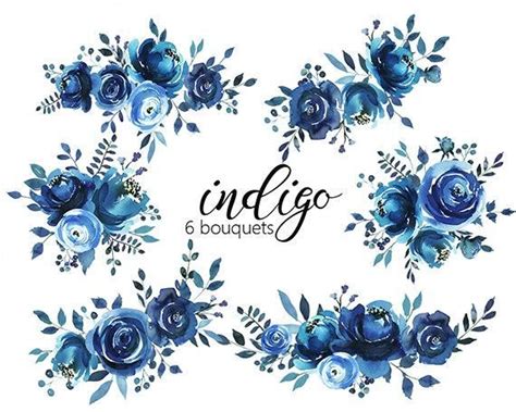 Indigo Watercolor Floral Design Collection Digital Clipart Etsy