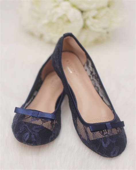 Navy Lace Flats With Front Tuxedo Bow Women Navy Blue Fall Wedding Shoes Bridesmaid Shoes