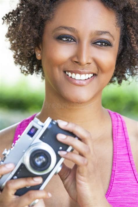 Mixed Race African American Girl With Retro Camera Stock Image Image