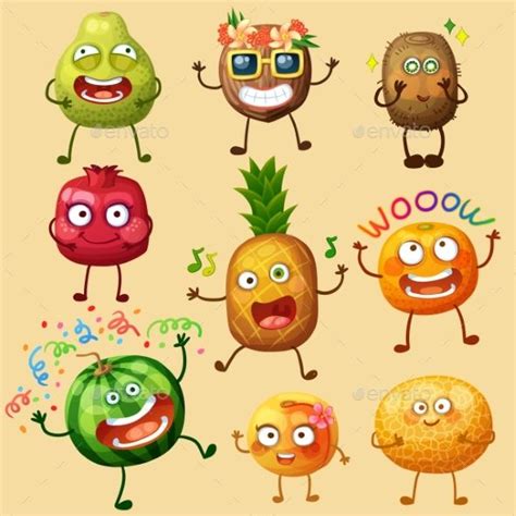 Cartoon Fruit Characters With Different Expressions