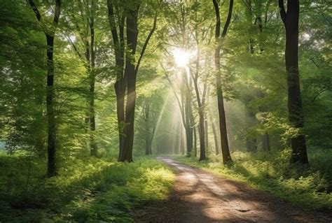 Premium Ai Image Sunlight Shining Through Green Trees On A Forest