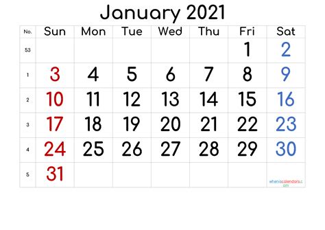 Free Printable 2021 January Calendar