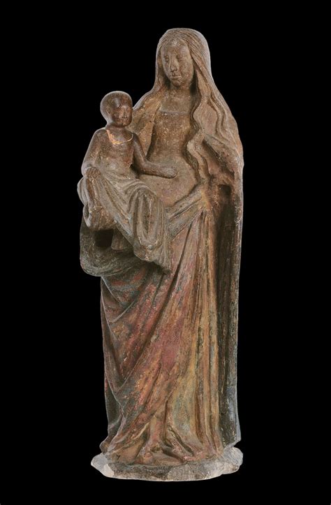 Scultura in pietra policroma raffigurante Madonna con Bambino, Alsazia ...