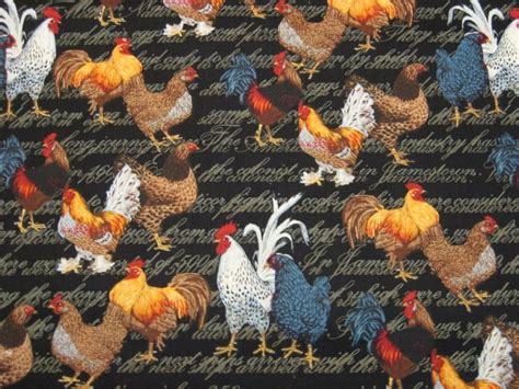 Chickens And Roosters Farm Animals Black Cotton Sewing Fabric By The