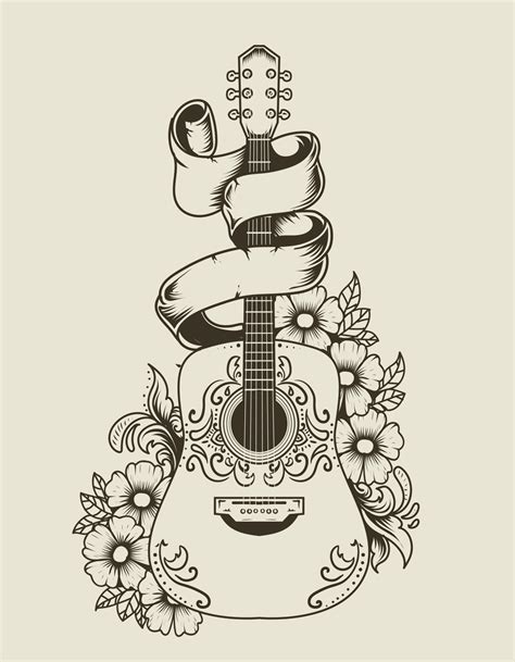 Illustration Vector Acoustic Guitar With Flower Ornament 4680061 Vector