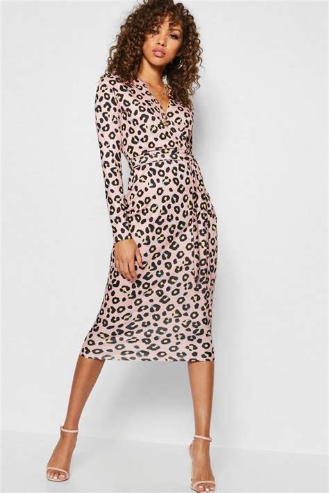 leopard print wrap collared dress midi boohoo
