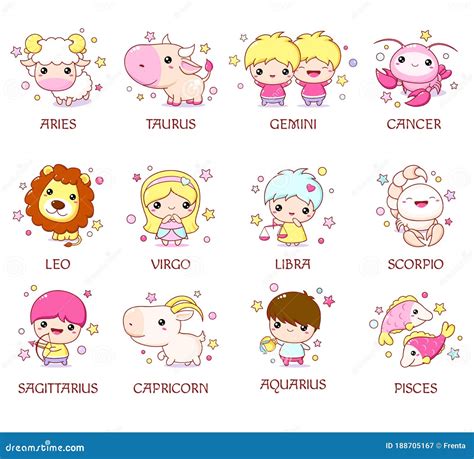Set Of Zodiac Sign Characters In Kawaii Style Stock Vector