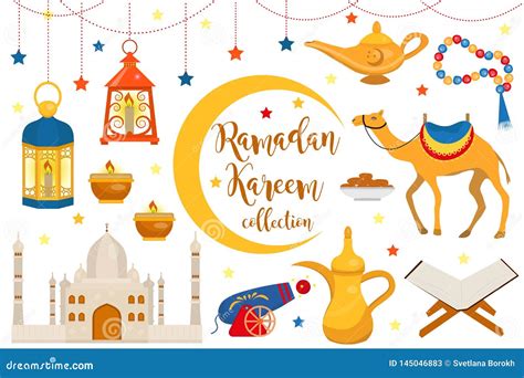 Ramadan Kareem Flat Icon Set Cartoon Style Collection Of Arabic