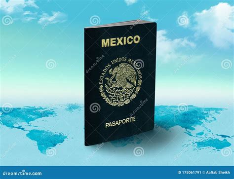 Mexico Passport On World Map With Clouds In Background Stock