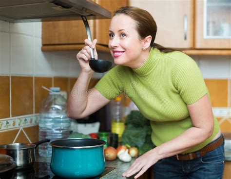 Female Cooking Dinner At Home Stock Image Image Of Food Happy 48002567