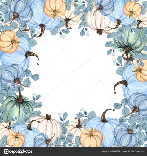 Watercolor Frame With Autumn Pumpkins Floral Arrangement With Color