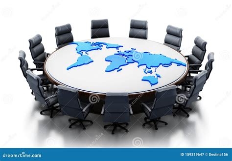 Earth Map On Table Surrounded With Seats 3d Rendering Stock