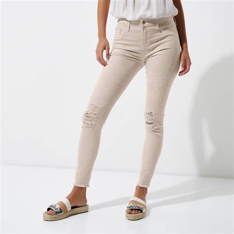 River Island Denim Nude Ripped Embroidered Super Skinny Jeans In