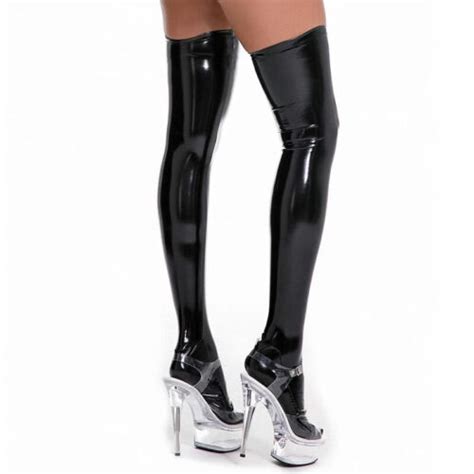 Womens Shiny Latex Pvc Leather Thigh High Stockings Wet Look Hold Ups