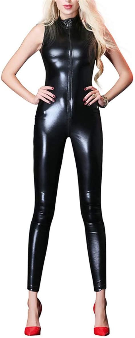 owlfay sexy women faux leather wet look bodysuit zipper open crotch catsuit lingerie metallic