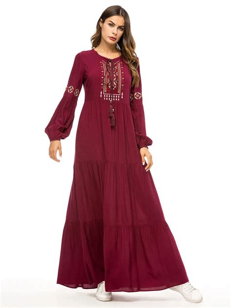 Embroidery Flower Maxi Dress Abaya Muslim Tassel Long Sleeve Ramadan Robes Loose Middle East