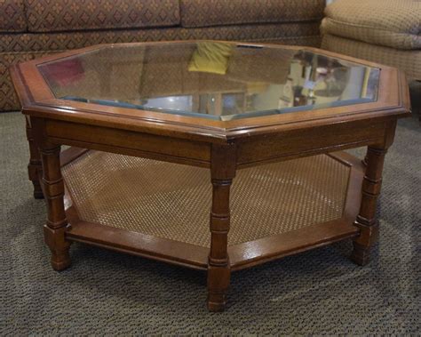 A beautiful thick glass top and two interlocking wood base pieces in walnut finish. Octagon Glass Top Coffee Table | New England Home ...