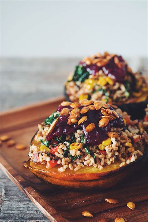 Vegan Acorn Squash Stuffed With Brown Wild Rice Stuffing With Red Wine
