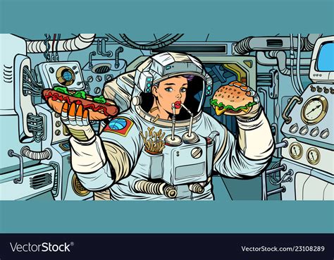 woman astronaut eats in a spaceship royalty free vector