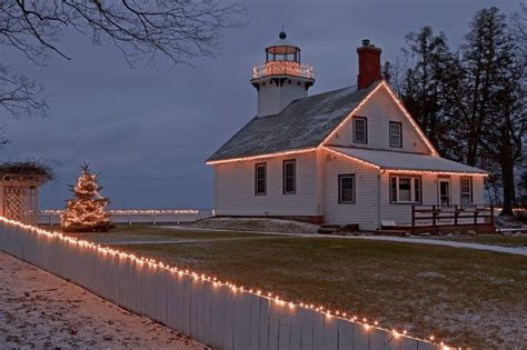 Christmas Lighthouse Old Mission Point Lighthouse Lit Up With