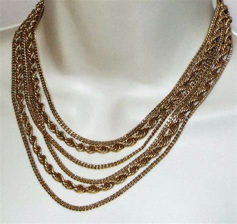 vintage signed monet goldtone multi chain necklace 6 strands costume jewelry monet collar