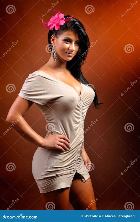 Belle Jeune Femme Sensuelle Posant Dans La Robe Courte Photo Stock