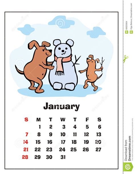 January 2018 Calendar Stock Vector Illustration Of Cute 93025934