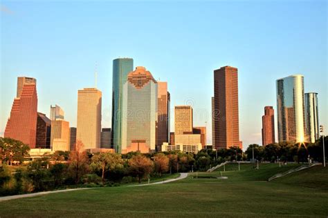 Houston Downtown Skyline Illuminated At Sunset Stock Image Image Of
