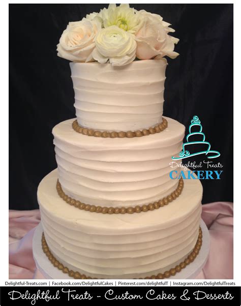 Horizontal Rustic Buttercream Wedding Cake With Gold Pearl Piping By