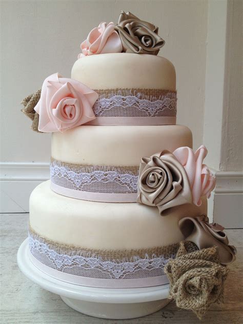3 Tier Ivory Wedding Cake With Burlap Lace And Grosgrain Ribbon Bands