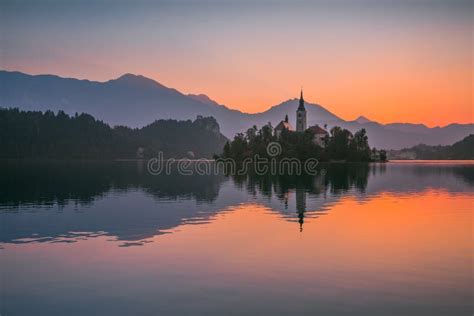 An Island With Church In Bled Lake Slovenia At Sunrise Stock Image