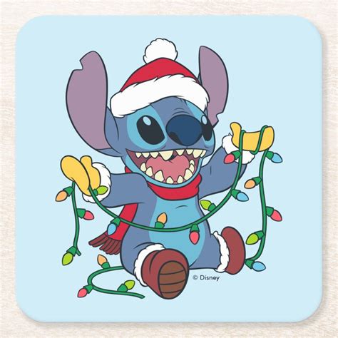Stitch Christmas Lights Square Paper Coaster Cute