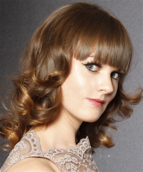 Smudged eyeliner and side swept bangs. Medium Curly Caramel Brunette Hairstyle with Blunt Cut Bangs