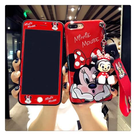 Cute Mickey Minnie 5 In 1 Strapholder Doll Phone Cover Tempered Glass Screen Protector