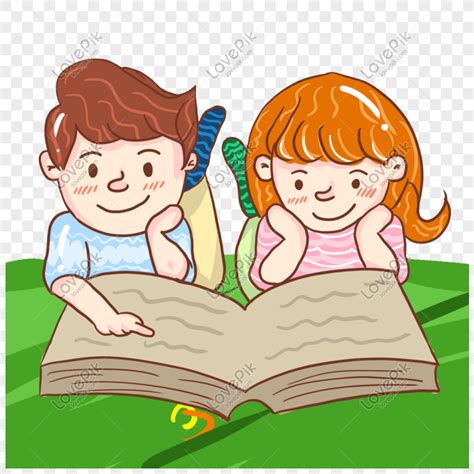 Cartoon Illustration Of Boy Girl Reading A Book Together Reading Books