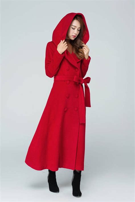 Red Wool Coat Long Wrap Coat Trench Coat Maxi Coat Hooded Etsy Long