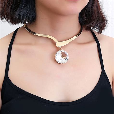 Geometric Crystal Pendant Metal Torques Necklaces Women Trendy Simple