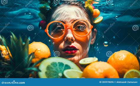 Beautiful Girl Floating On Water With Fresh Tropical Fruits Resort