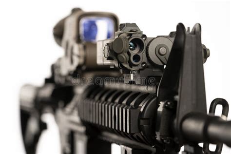 M4 Rifle With Optical Sight And Laser Device On White Background Stock