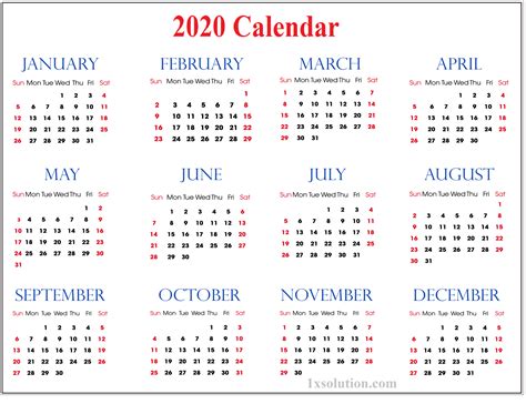 Year Calendar For 2020 Calendar Printables Free Templates