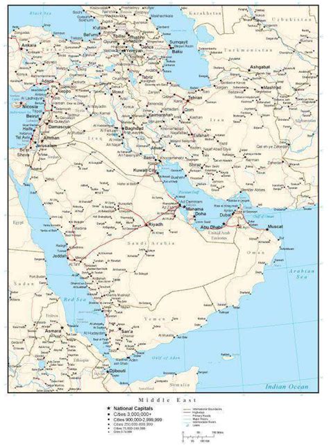 Middle East Map With Countries Cities And Roads
