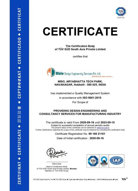 Iso 9001 2015 Certificate Able Design And Manufacturing Private Limited