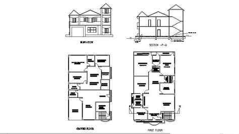 Residence House Two Story Elevation Section And Floor Plan Cad Drawing