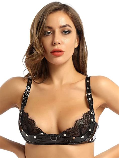 Yuumin Womans Lace Sheer Sexy Bra Top Wet Look Punk Unlined Wire Free Everyday Bra Bustier