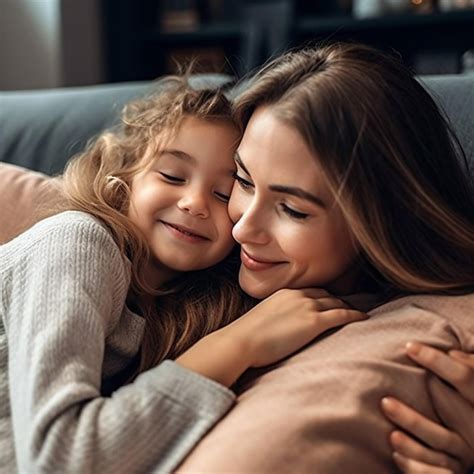 Una madre y su hija se abrazan en un sofá Foto Premium
