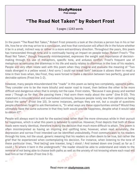 The Road Not Taken By Robert Frost Free Essay Example